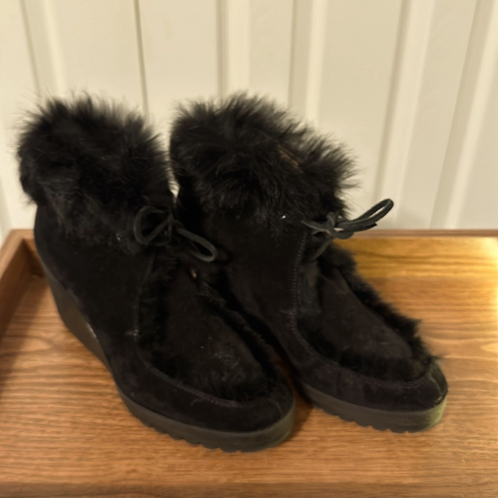 Fun fur trimmed coach wedge heel boots